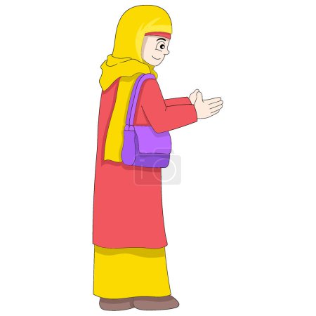 Ilustración de Hermosa chica musulmana está extendiendo la mano estrechando las manos. diseño vectorial ilustración arte - Imagen libre de derechos