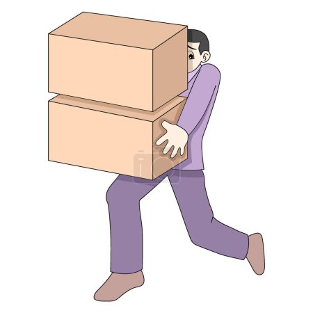 Téléchargez les illustrations : Homme marche portant une grande boîte en carton pour les commandes de livraison aux clients. dessin vectoriel illustration art - en licence libre de droit