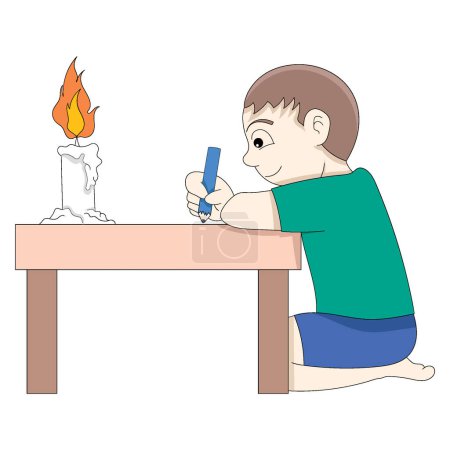Illustration for Poor boy never gave up studying with a candle light. vector design illustration art - Royalty Free Image
