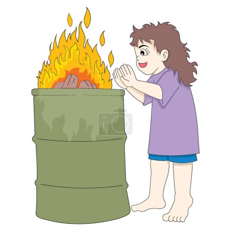 Illustration for Poor trashy girl was warming herself at the bonfire. vector design illustration art - Royalty Free Image