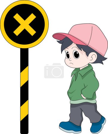 Illustration for Illustration of a kid boy stopping because of a prohibition rule sign, cartoon flat illustration - Royalty Free Image