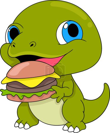 Illustration for Doodle cartoon sticker food logo illustration, a green dinosaur is munching on a delicious burger, creative drawing - Royalty Free Image