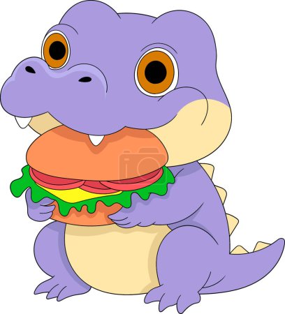 Illustration eines niedlichen Cartoon-Tier-Doodle-Emblem, ein fettes lila Krokodil, das einen Burger isst, kreative Zeichnung 