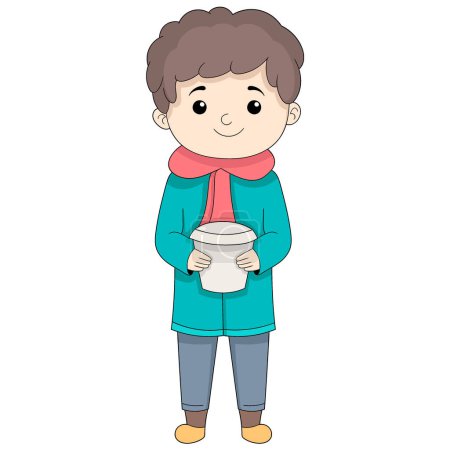 cartoon doodle illustration of people's activities, young boy stood carrying a cup of coffee while smiling, creative drawing 