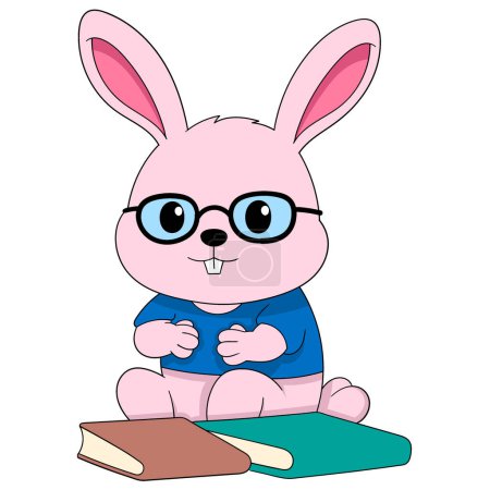Illustration de gribouille de dessin animé sur le thème de Pâques, lapin étudiant livresque assis avec beaucoup de livres, dessin créatif 