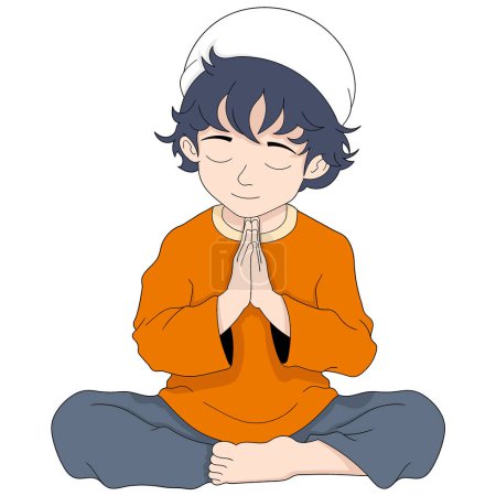 dessin animé illustration de gribouillis de personnes exerçant des activités religieuses, hommes musulmans assis dans la prière solennellement, dessin créatif 