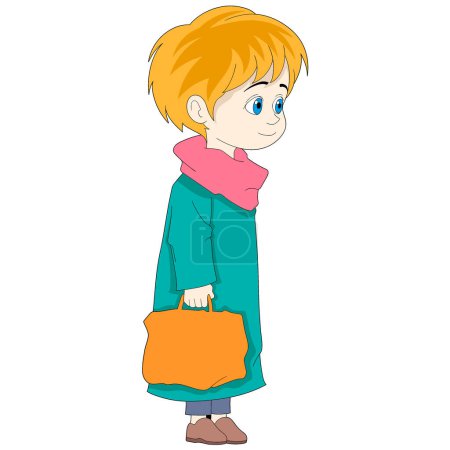 Illustration for Cartoon doodle illustration of daily activities, a man wearing winter clothes is walking carrying shopping bags to the market, creative drawing - Royalty Free Image