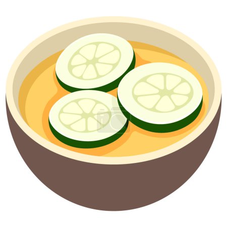 flat illustration of a food icon, a bowl filled with delicious soup with slices of cucumber ready to be enjoyed hot, creative drawing 