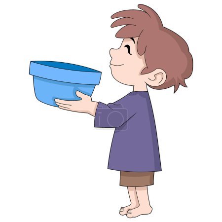 Ramadan cartoon doodle illustration of charity, a poor beggar little boy is carrying an empty bowl asking for help, creative drawing 