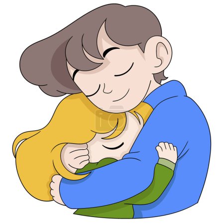 cartoon doodle illustration of falling in love, a couple in love expresses it by hugging each other, creative drawing 