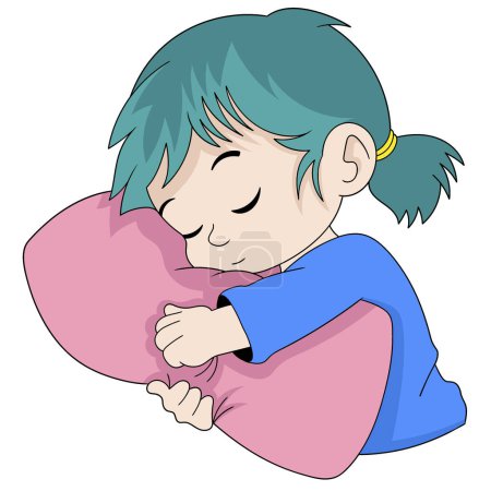 Cartoon Doodle Illustration der täglichen Aktivitäten der Menschen, Mädchen träumt, schlafend fest umarmt ein Kissen, kreative Zeichnung 