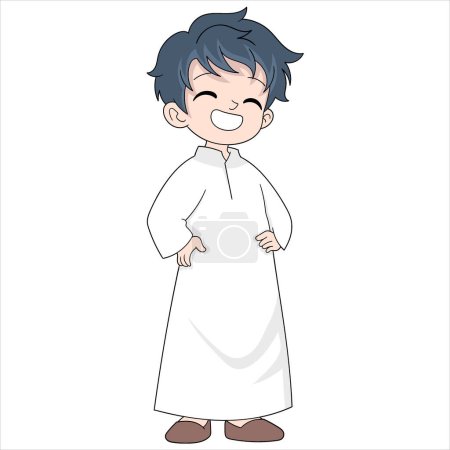Illustration for Islamic Muslim doodle cartoon kid illustration, young boy dressed religiously welcoming the month of Ramadan Kareem - Royalty Free Image