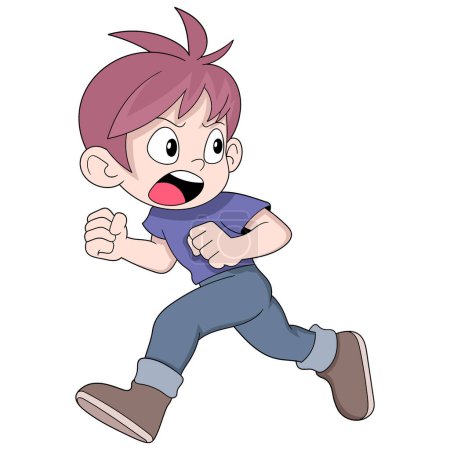 Illustration for Cartoon doodle drawing of people, boy running with a scared face as if being chased by something - Royalty Free Image
