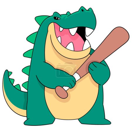 Ilustración de Dibujos animados garabato ilustración de los animales deportivos, un cocodrilo verde gordo llevando un palo de béisbol, la cara muestra el espíritu de victoria - Imagen libre de derechos