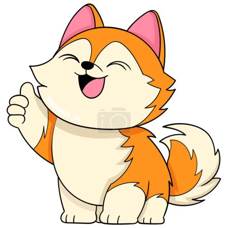 ilustración de un dibujo garabato de un animal de dibujos animados, un cachorro de lobo naranja gordo se ríe, mostrando buen gusto con su pulgar