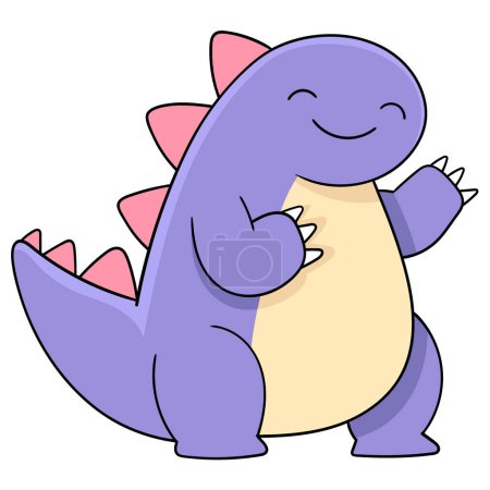 Illustration for Illustration of a cartoon doodle drawing, a fat purple dinosaur laughing happily, showing a thumbs up sign of liking - Royalty Free Image