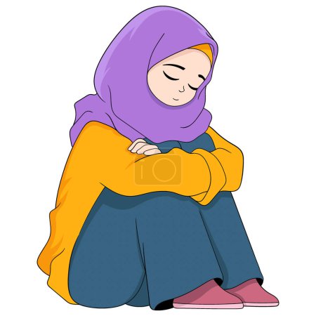 human activity doodle illustration, Muslim girl wearing a hijab is sitting pensively sad