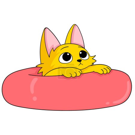 cartoon doodle illustration cute animal, A yellow kitten is swimming with a tire in stagnant water