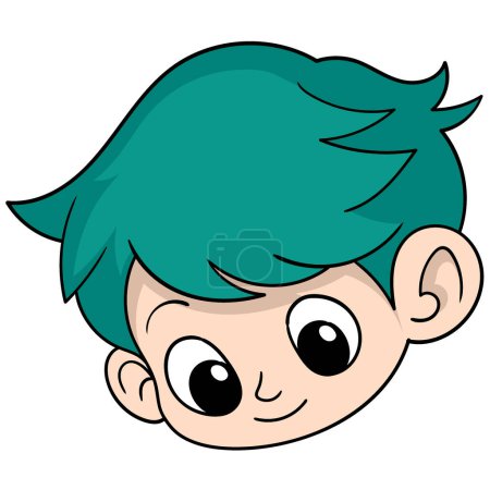 doodle cartoon illustration, The head of the handsome green haired boy smiled happily