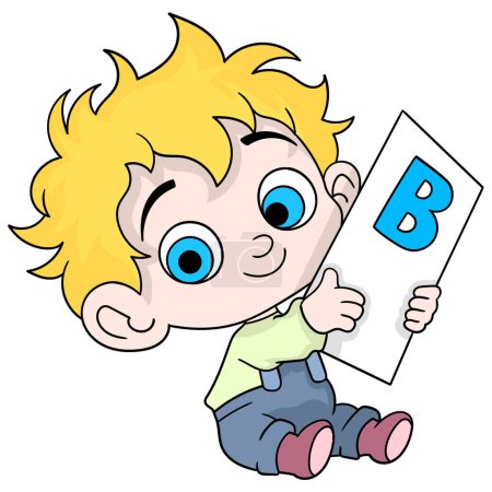 Ilustración de Dibujo animado garabato ilustración de aprendizaje temprano, niño muestra el papel que sostiene que dice la letra B - Imagen libre de derechos