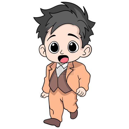 Illustration for Illustration of a cartoon doodle drawing of business people's activities, a boy with a happy face is running because he is late for the office - Royalty Free Image