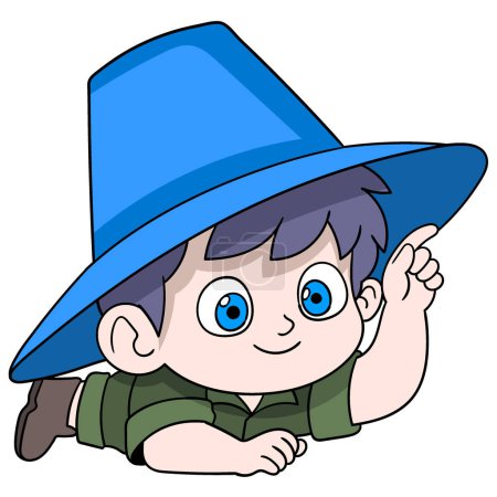 dibujos animados garabato de actividades pasatiempo humano, bebé boy scout está en una aventura escondida a cuatro patas