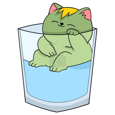 Cartoon doodle illustration of animals acting funny, overheated fat cat soaking in a glass of cold water