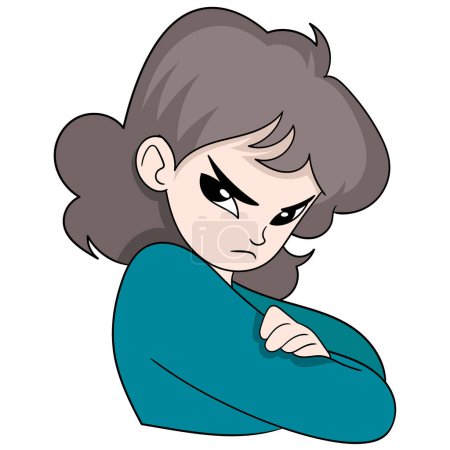 cartoon doodle illustration, woman is showing an angry face with glancing eyes