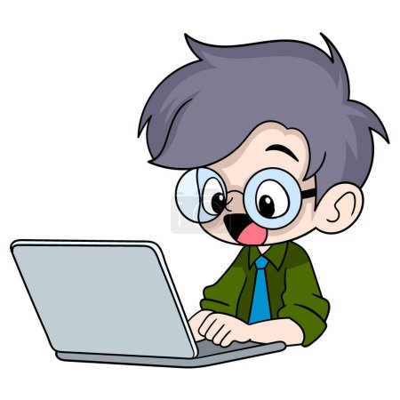 cartoon doodle of work activities, happy at work, young man with a happy face working on deadline assignments