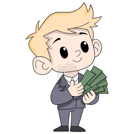 dibujos animados garabato de las actividades de negocios, hombre de negocios está mostrando su riqueza con un montón de dinero después de tener éxito