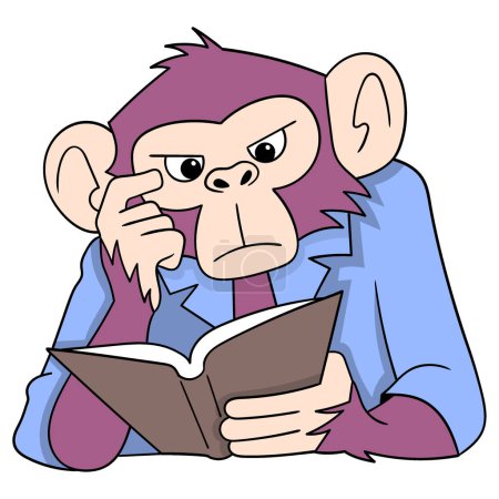 Illustration for Educational cartoon doodle, purple monkey is seriously reading a book to get smart quickly - Royalty Free Image