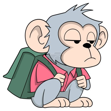 educational cartoon doodle, a male monkey student is sitting carrying a bag lazily going to school