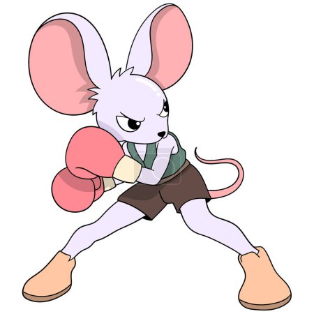 Zeichentrick-Doodle von Tieren, die Aktivitäten ausüben, Mausmädchen, die defensive Position im Boxsport einnehmen