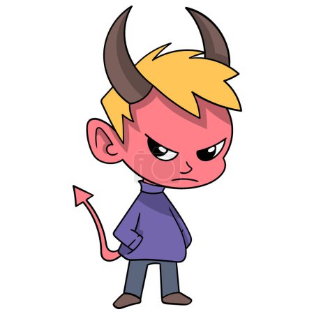 cartoon doodle of people's activities, boy becomes a horned devil when angry and vengeful