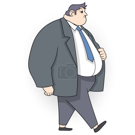 cartoon doodle of worker activities, a fat bellied man walking towards the office
