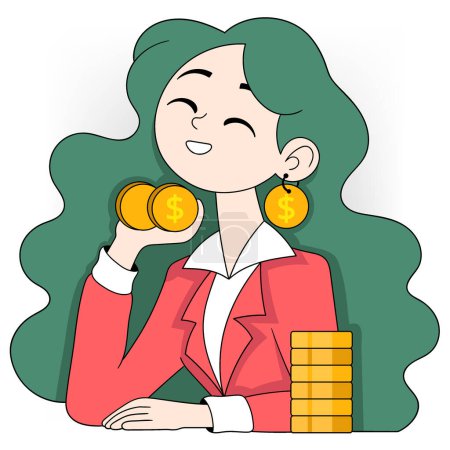 cartoon doodle of investment results in financial success, businesswoman is happy enjoying the profits of stock investment