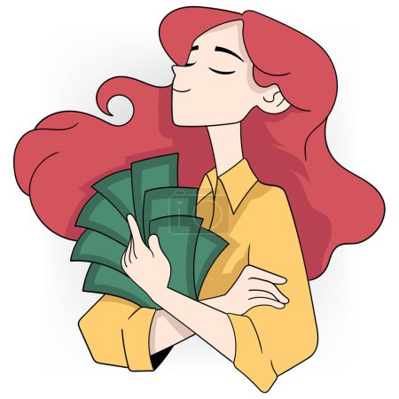 cartoon doodle of investment resulting in financial success, young girl successful in business enjoying her salary