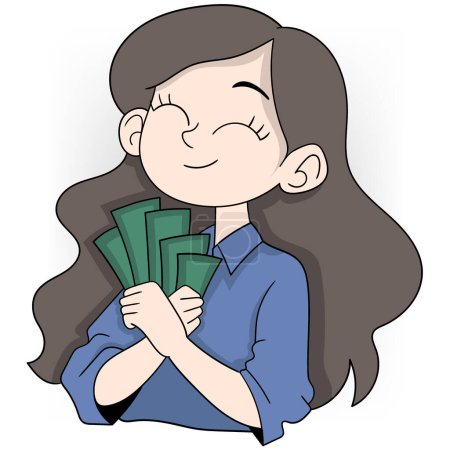 cartoon doodle of investment results in financial success, young girl successful in business enjoys her abundant salary