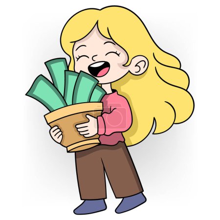 cartoon doodle of investment results in financial success, The day of disbursement of investment funds makes girls happy