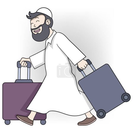 Doodle Cartoon Vektor Illustration, fröhlicher bärtiger Mann in traditioneller Kleidung, möglicherweise bezeichnend für eine nahöstliche oder islamische Kultur, ist mit zwei rollenden Koffern zu Fuß dargestellt. Er lächelt und scheint seine Reise zu genießen.