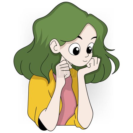 Cartoon girl with green hair looking amazed and intrigued. Represents fascination and curiosity