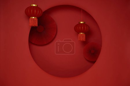 Téléchargez les photos : Joyeux Nouvel An chinois modèle de toile de fond de bannière. Décoration traditionnelle fans de papier de festival avec lanterne sur fond rouge. - en image libre de droit