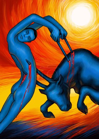 Foto de Brillante escena expresiva colorida de una persona macho matador peleando con un toro - Imagen libre de derechos