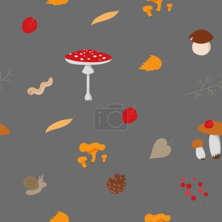 Foto de Acogedor suelo de bosque de otoño colorido con setas plantas criaturas colección de vectores en blanco patrón sin costuras - Imagen libre de derechos