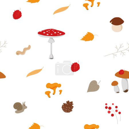 Foto de Acogedor suelo de bosque de otoño colorido con setas plantas criaturas colección de vectores en blanco patrón sin costuras - Imagen libre de derechos