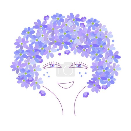 Beautiful smiling Lady Face  with blue violet spring blooming wild forest flowers hair Hepatica on white background