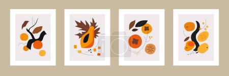 Foto de Cuatro enmarcado abstracto colorido beige naranja acogedor frutas tropicales vector cartel conjunto - Imagen libre de derechos