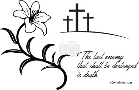 Foto de Dibujo de lirio blanco y negro y crucifixión Pascua Calvario pasca resurrección con cita bíblica - Imagen libre de derechos