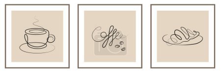 Foto de Tres carteles conjunto de elegantes impresiones carteles de una línea de café pared-arte romper el desayuno beige negro imagen - Imagen libre de derechos