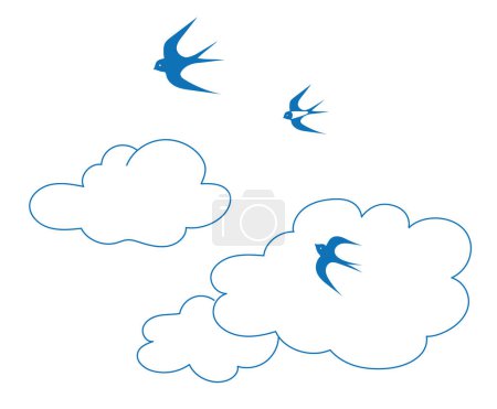 Ilustración de Un color simple dibujo viñeta nubes granja campo golondrinas en verano feliz en un cielo tranquilo - Imagen libre de derechos